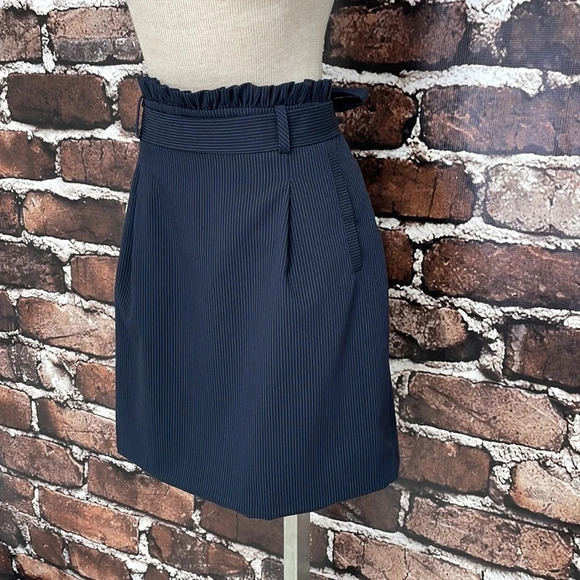 Oliver Bonas Skirt Paperbag Waist Blue Pinstripes Pockets Knee Length 14 - Picture 5 of 15